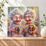 Finished funny elder ladies with dachshund pearl diamond painting artwork displayed as holiday home decor