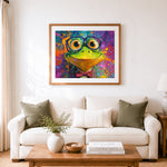 Finished funny frog with glasses and bowtie cross stitch artwork displayed as home decor