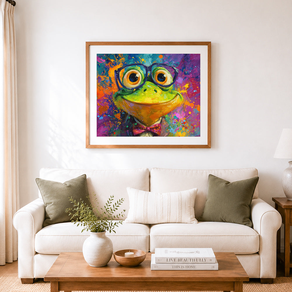 Finished funny frog with glasses and bowtie cross stitch artwork displayed as home decor