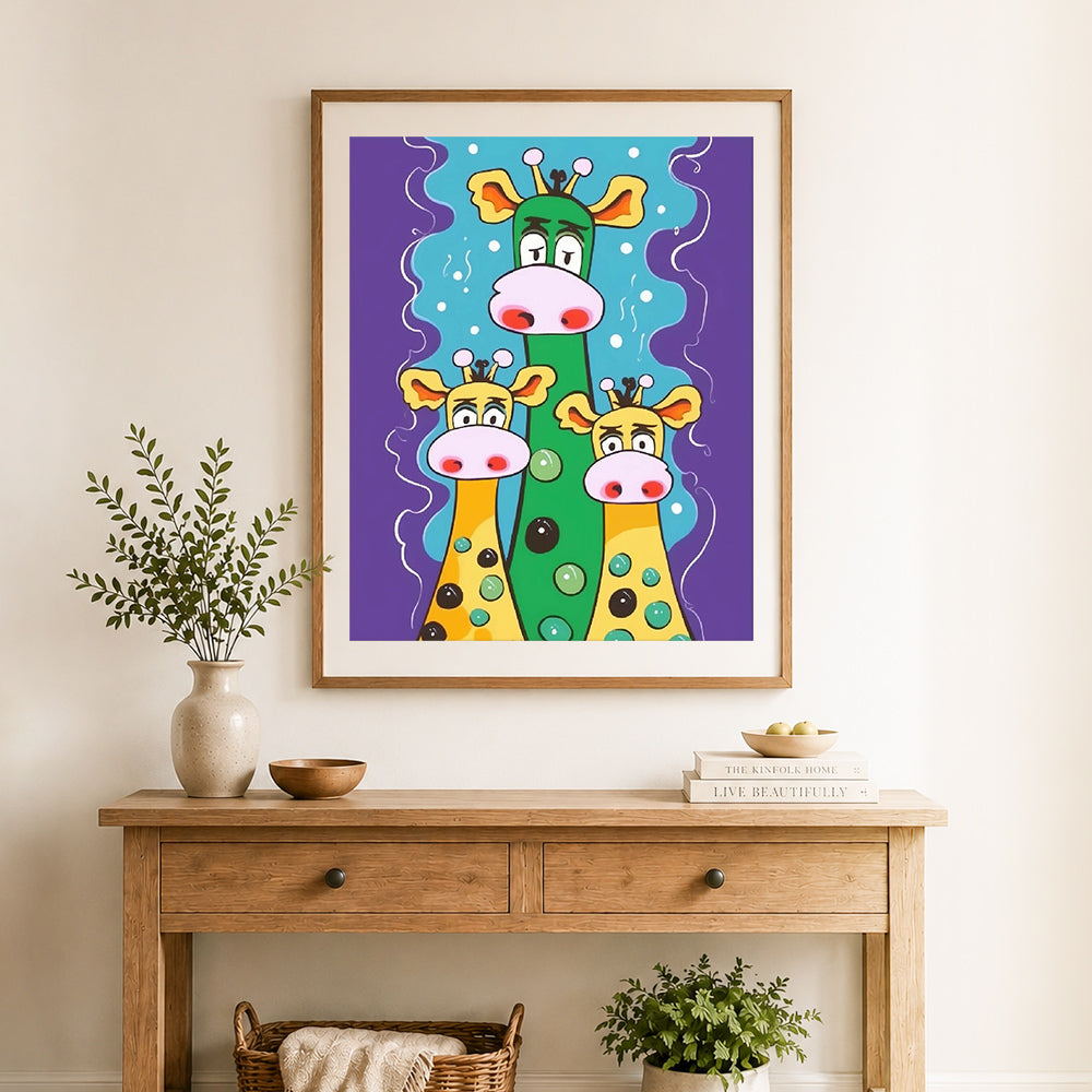 Finished funny giraffe family cross stitch artwork displayed as home decor