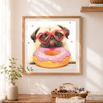 Finished funny pug with heart sunglasses and donut cross stitch artwork displayed as home decor