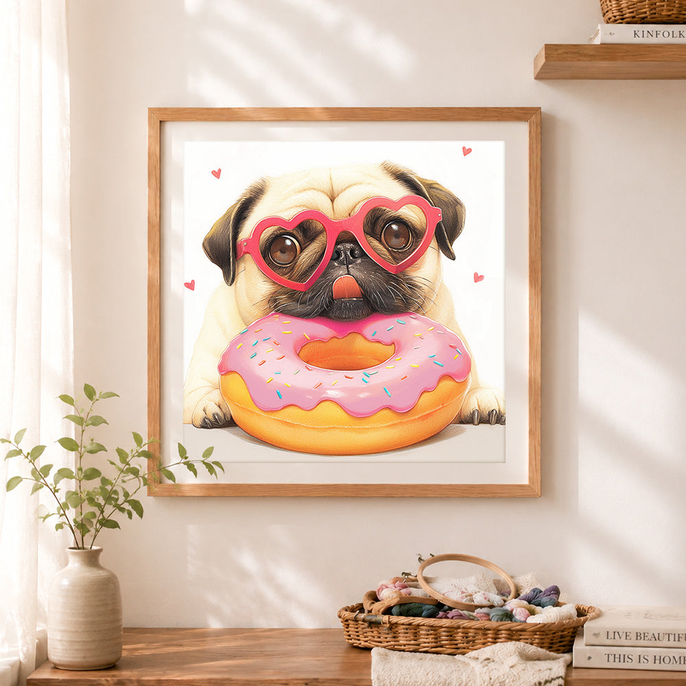Finished funny pug with heart sunglasses and donut cross stitch artwork displayed as home decor