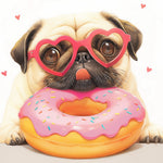Funny pug with heart sunglasses and donut cross stitch kit for beginners
