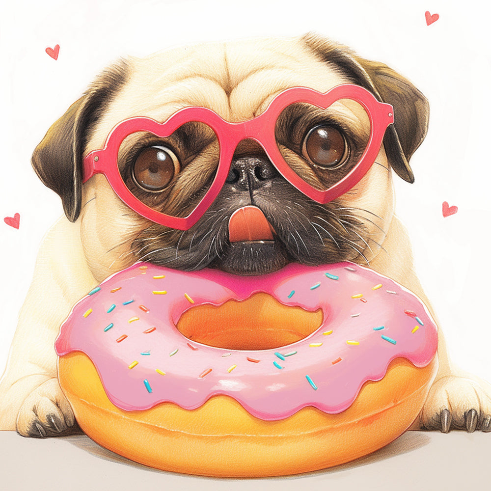 Funny pug with heart sunglasses and donut cross stitch kit for beginners