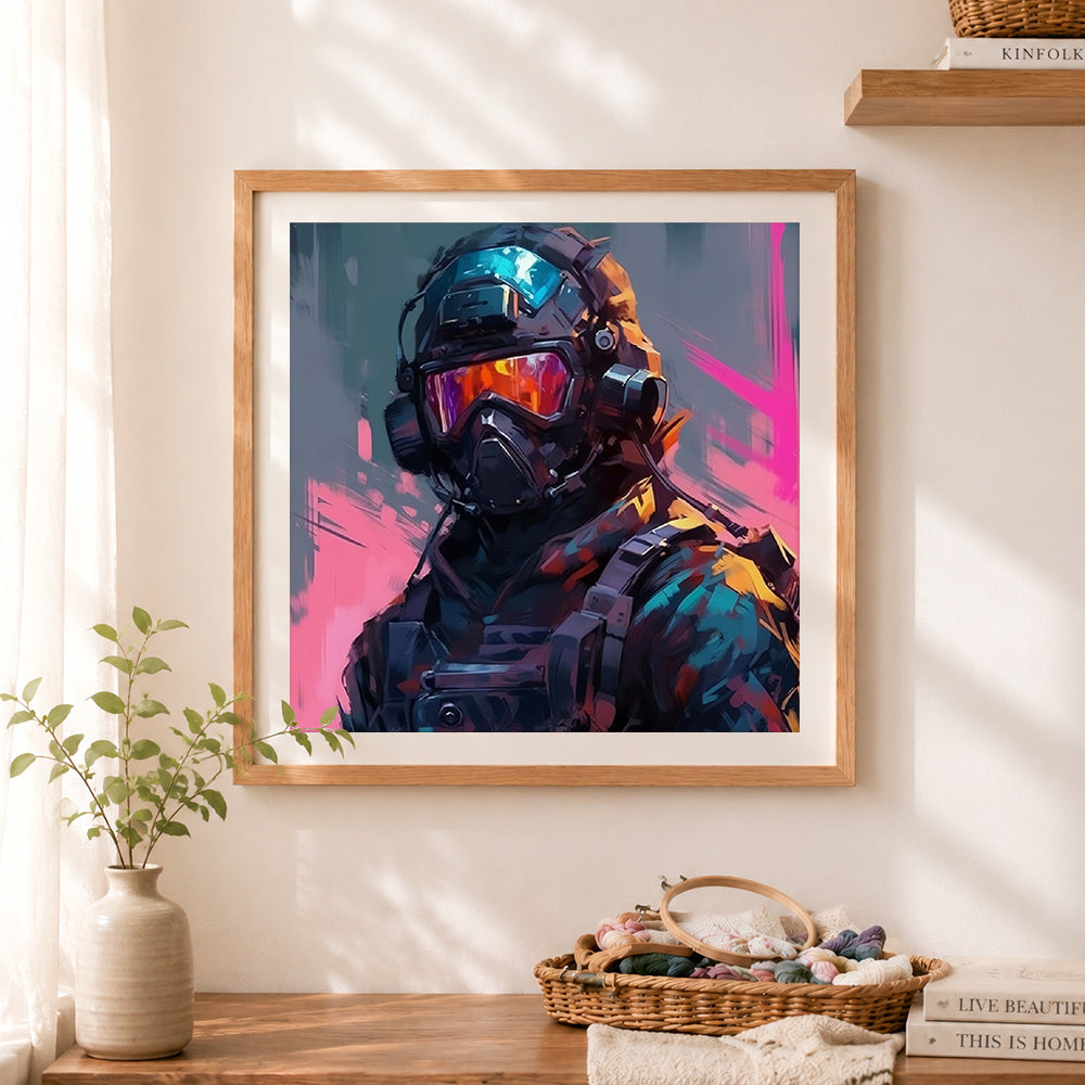 Finished futuristic tactical soldier portrait cross stitch artwork displayed as home decor
