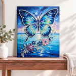 Finished galaxy butterfly over sea pearl diamond painting artwork displayed as home decor