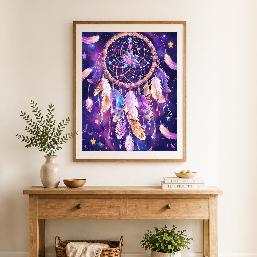 Finished galaxy dreamcatcher cross stitch artwork displayed as home decor