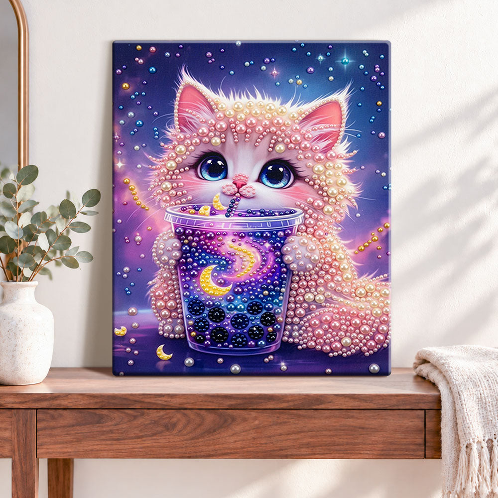 Finished galaxy kitten drink pearl diamond painting artwork displayed as home decor