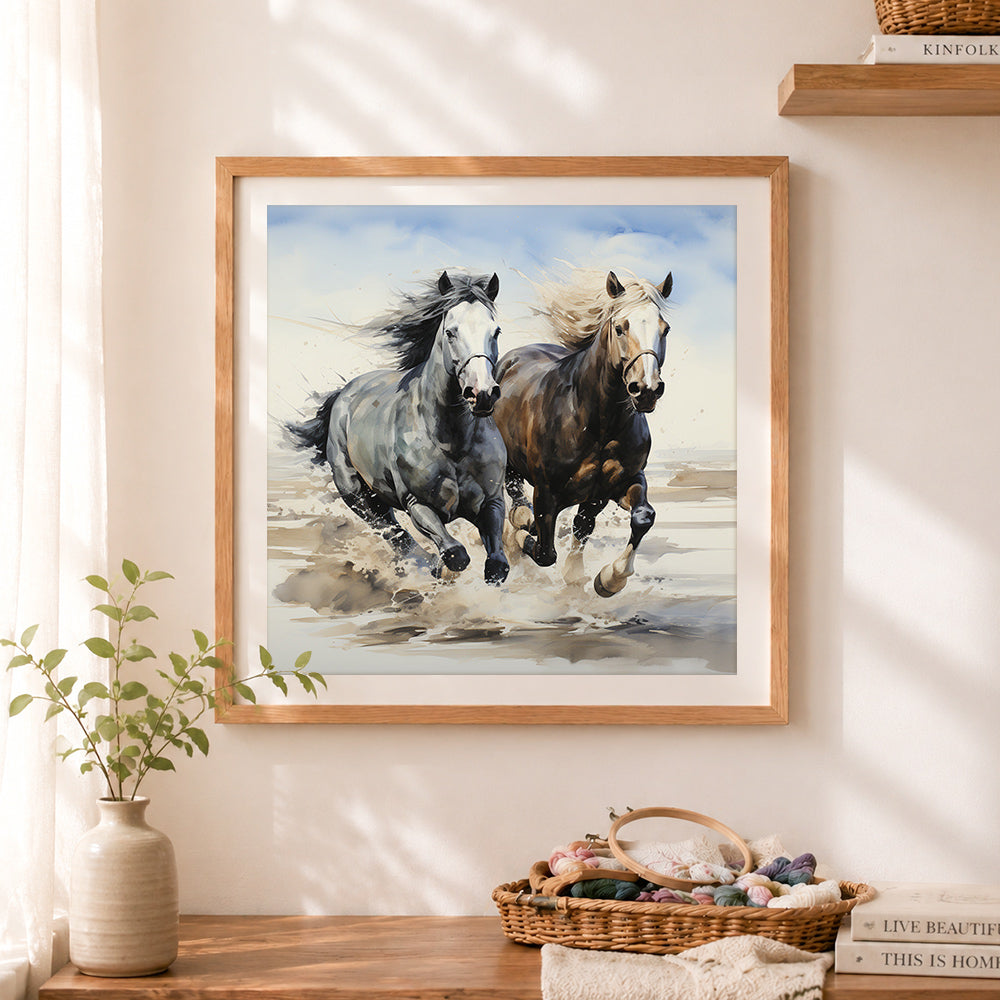 Finished galloping horses on beach cross stitch artwork displayed as home decor