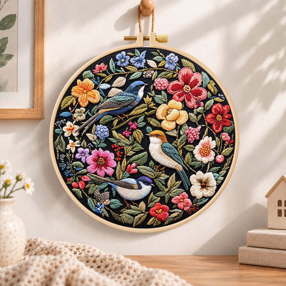 Garden birds and blooms embroidery hoop wall art displayed as warm and cozy handmade home decor
