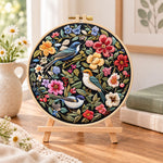 Garden birds and blooms embroidery kit finished hoop displayed on a wooden stand as cozy tabletop decor