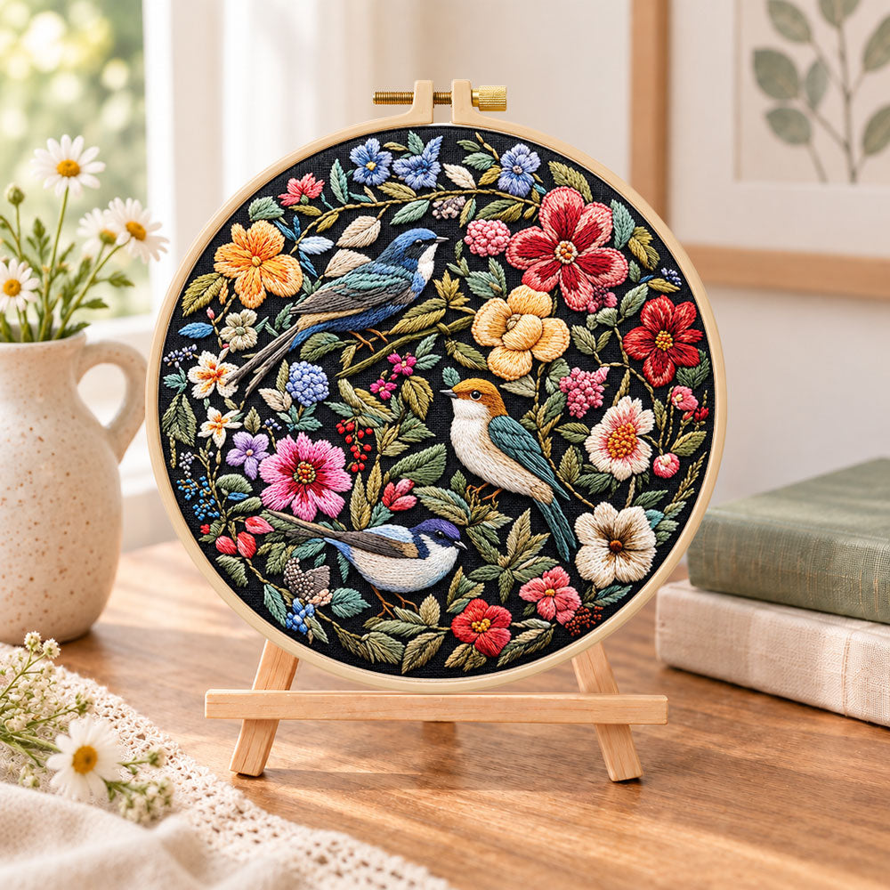 Garden birds and blooms embroidery kit finished hoop displayed on a wooden stand as cozy tabletop decor