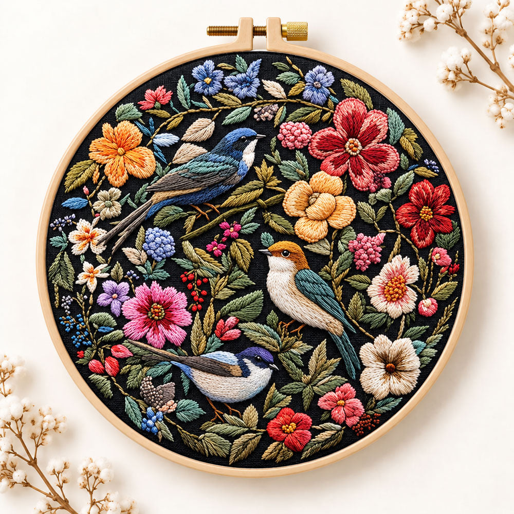 Garden birds and blooms embroidery kit