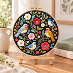 Garden birds and blossoms embroidery kit finished hoop displayed on a wooden stand as cozy tabletop decor