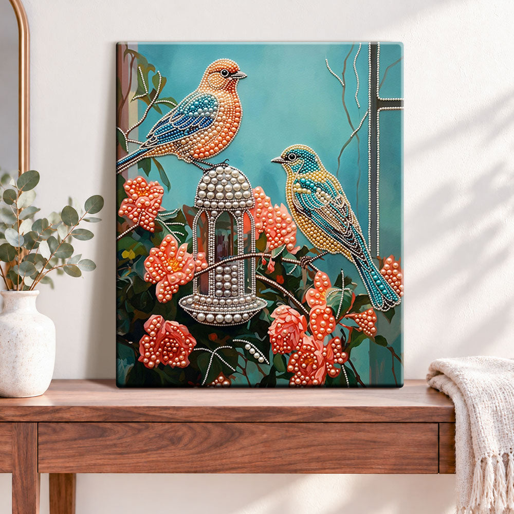 Finished garden birds serenity pearl diamond painting artwork displayed as home decor