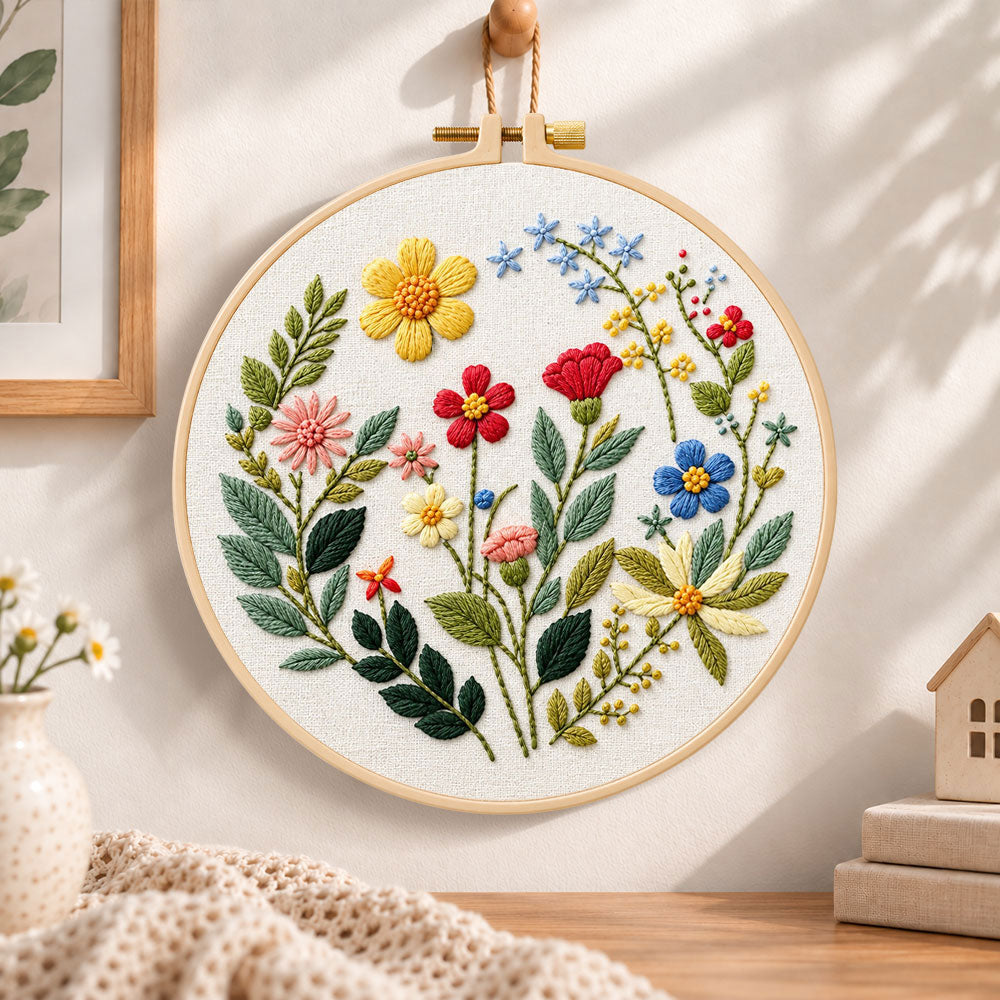 Garden floral hand embroidery hoop wall art displayed as warm and cozy handmade home decor