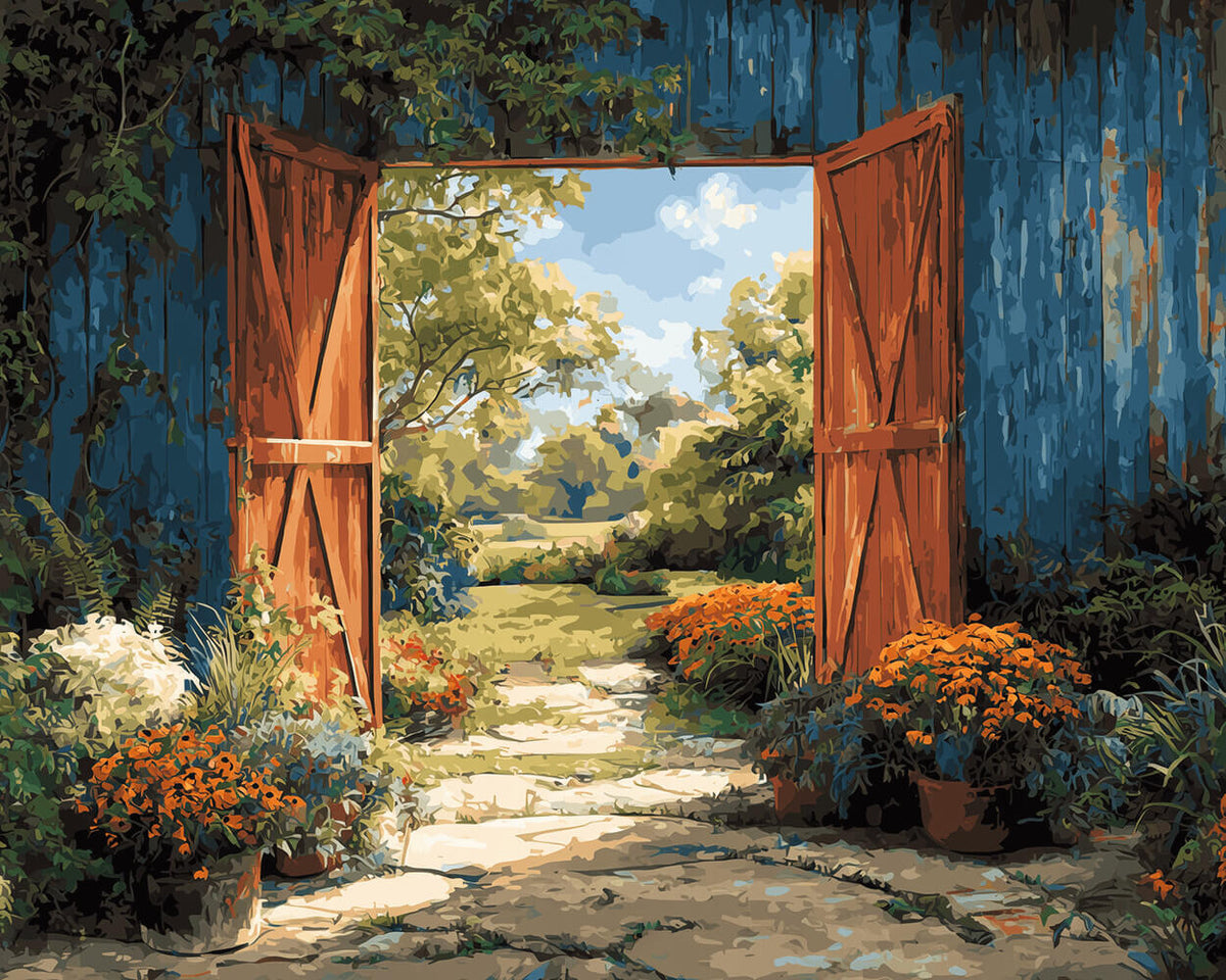 Garden gate in summer cross stitch kit for beginners