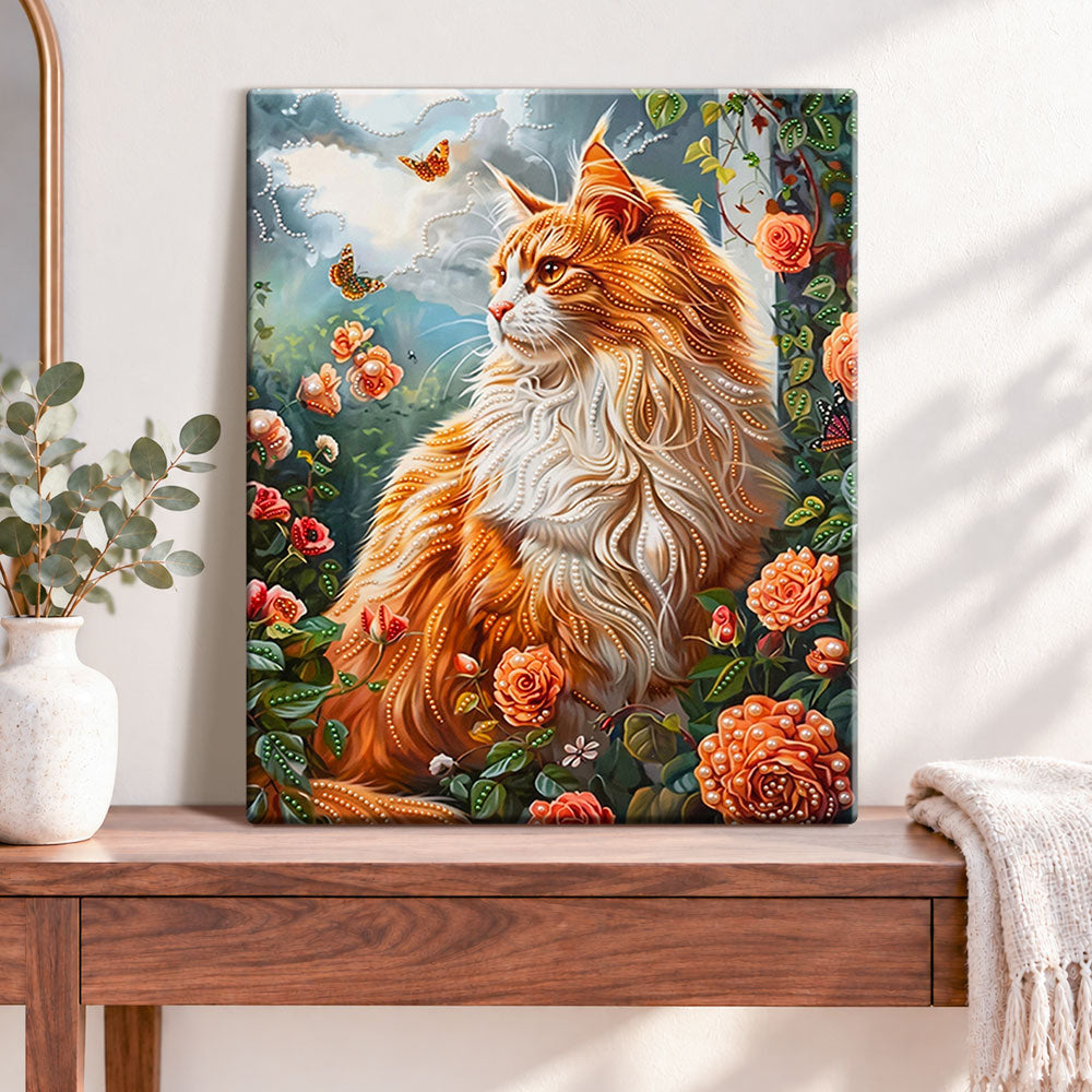 Finished garden maine coon pearl diamond painting artwork displayed as home decor