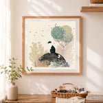 Finished garden tuxedo cat cross stitch artwork displayed as home decor