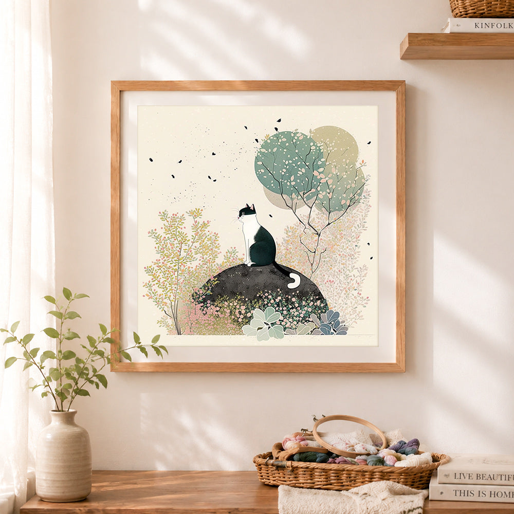 Finished garden tuxedo cat cross stitch artwork displayed as home decor