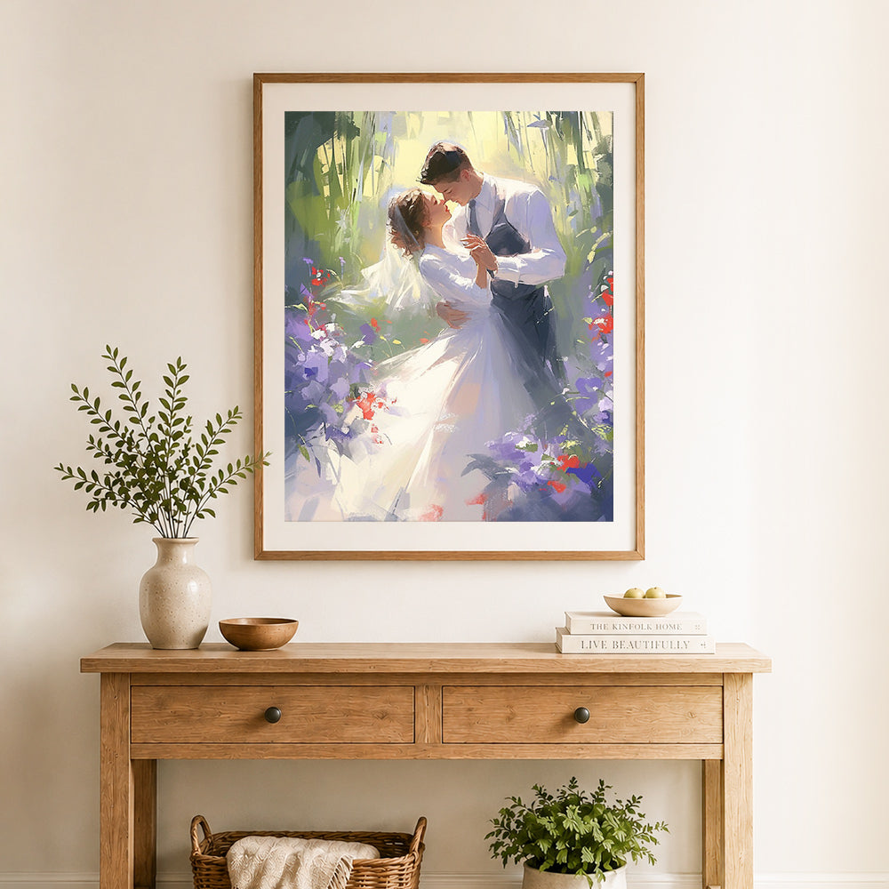 Finished garden wedding dance cross stitch artwork displayed as home decor