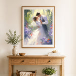 Finished garden wedding dance cross stitch artwork displayed as home decor