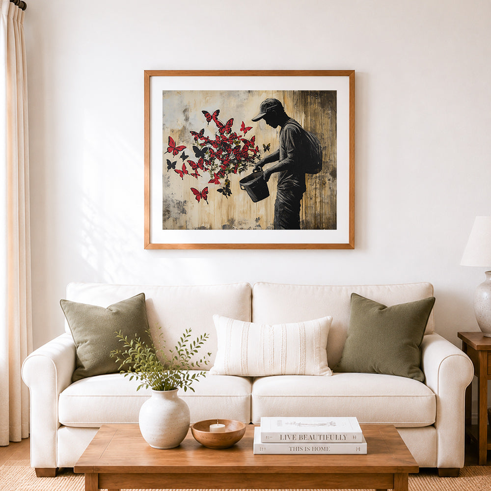 Finished gardener watering red butterflies cross stitch artwork displayed as home decor