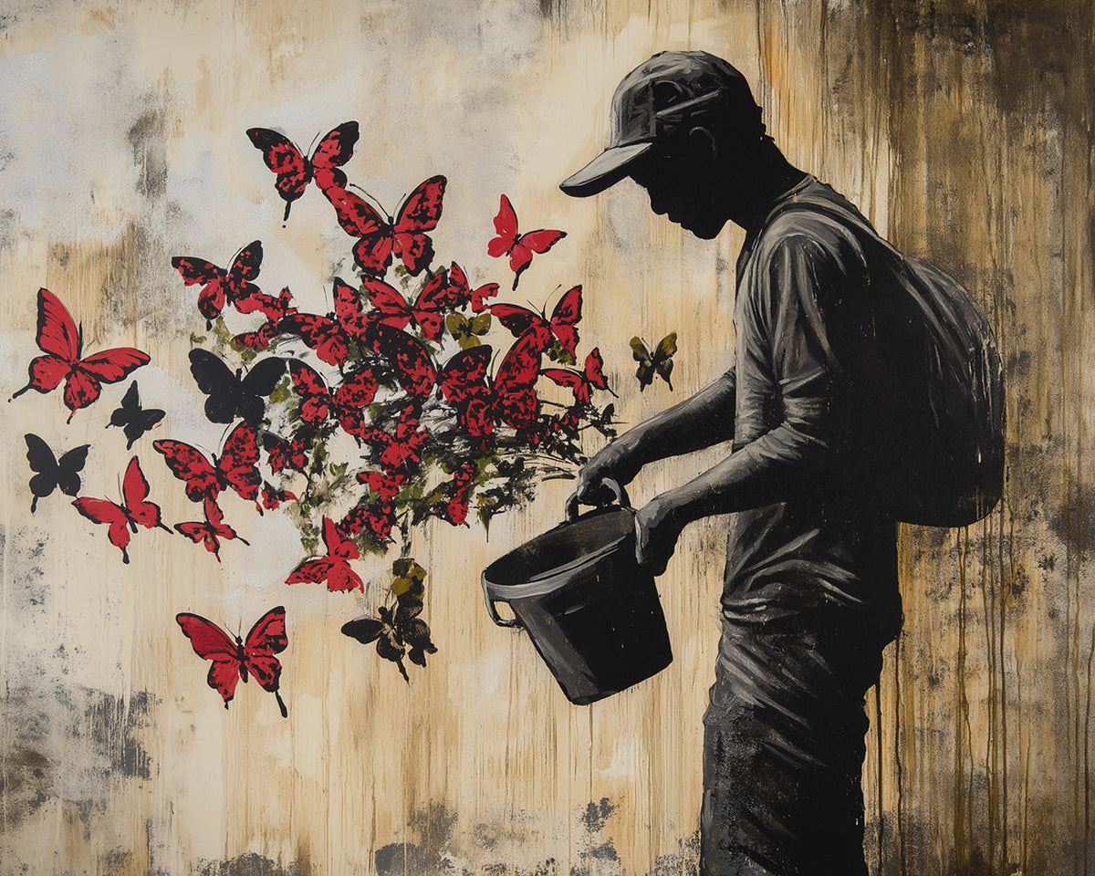 Gardener watering red butterflies cross stitch kit for beginners