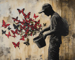Gardener watering red butterflies cross stitch kit for beginners
