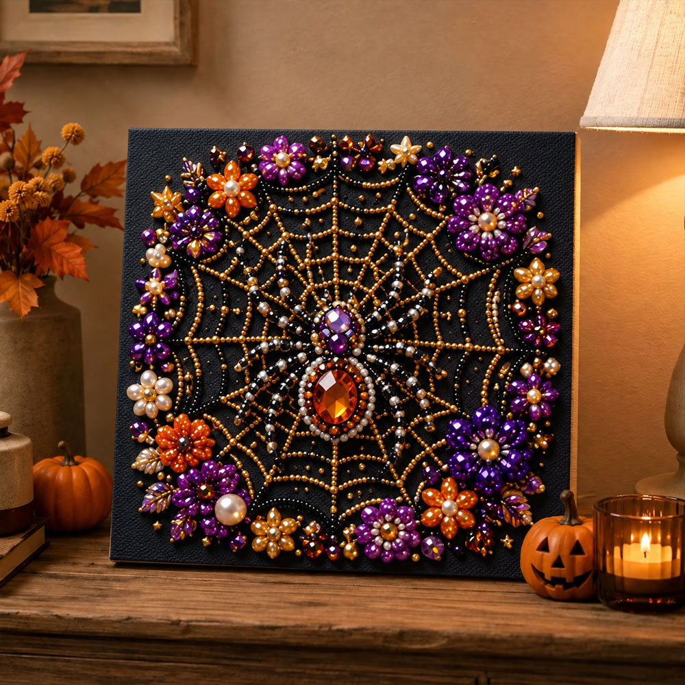 Finished gem spider web pearl diamond painting artwork displayed as holiday home decor