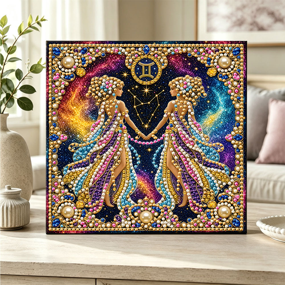 Finished gemini twins pearl diamond painting artwork displayed as home decor