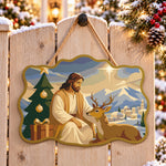 Gentle blessing with deer paint by numbers door hanger on a garden gate