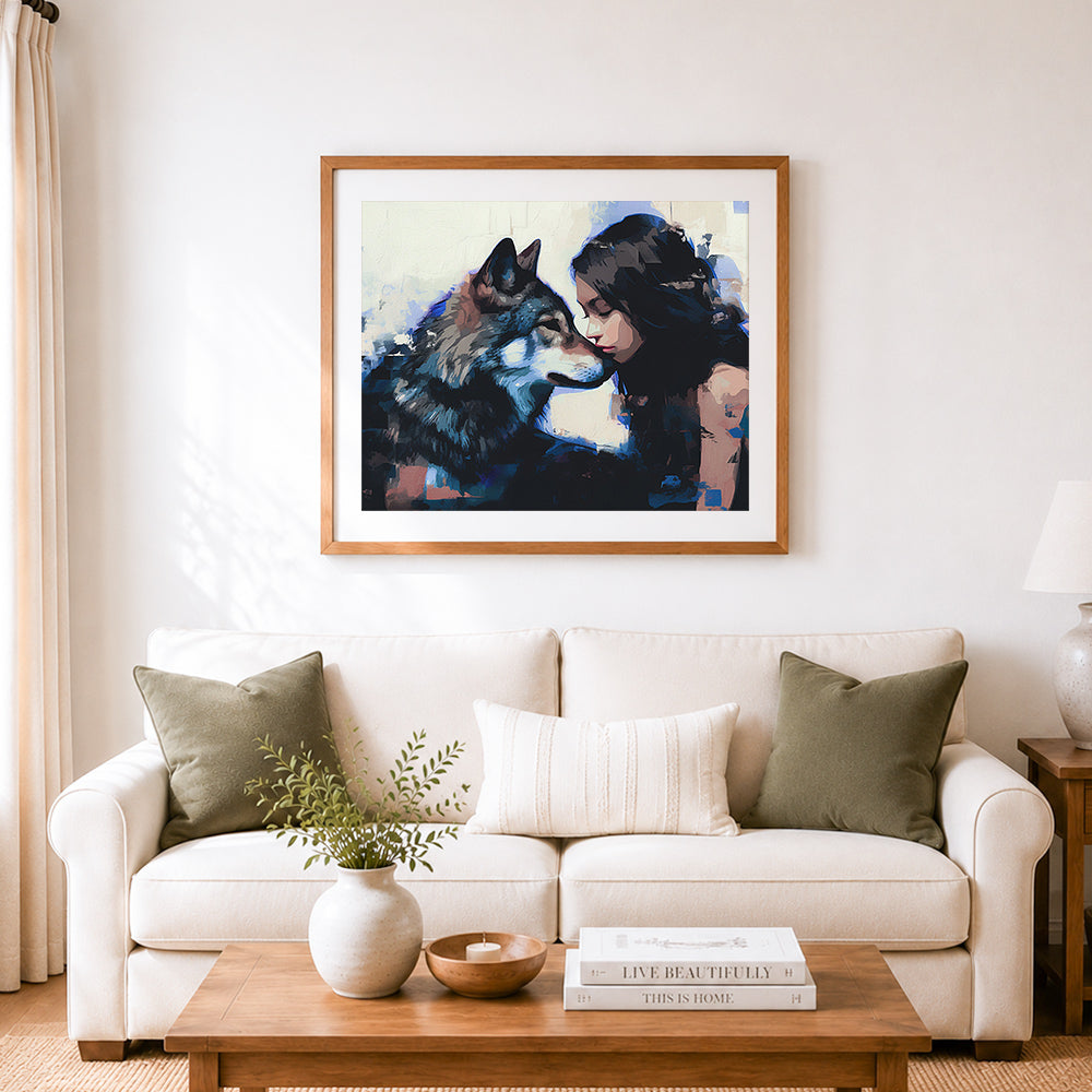 Finished gentle bond between girl and wolf cross stitch artwork displayed as home decor