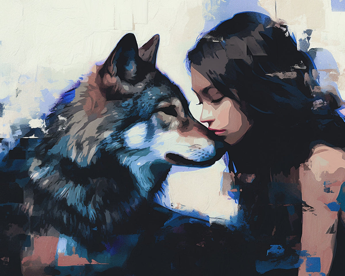 Gentle bond between girl and wolf cross stitch kit for beginners