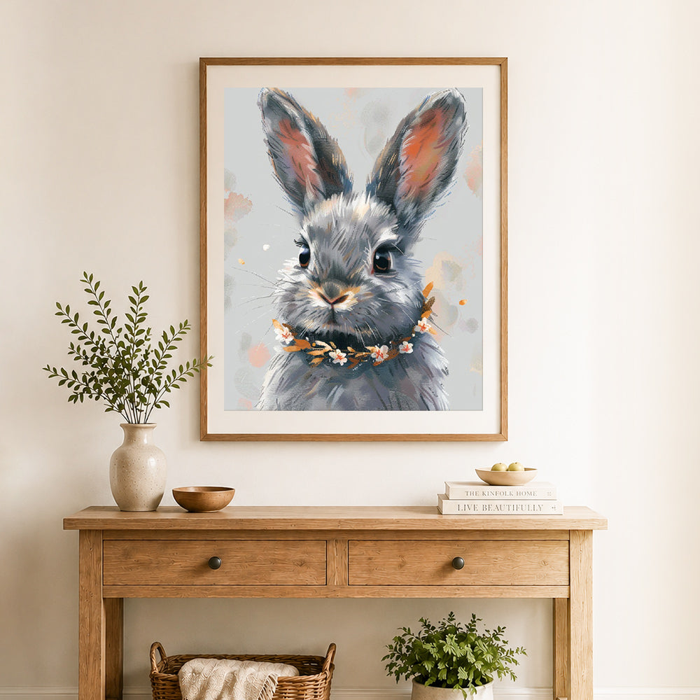 Finished gentle bunny with floral garland cross stitch artwork displayed as home decor