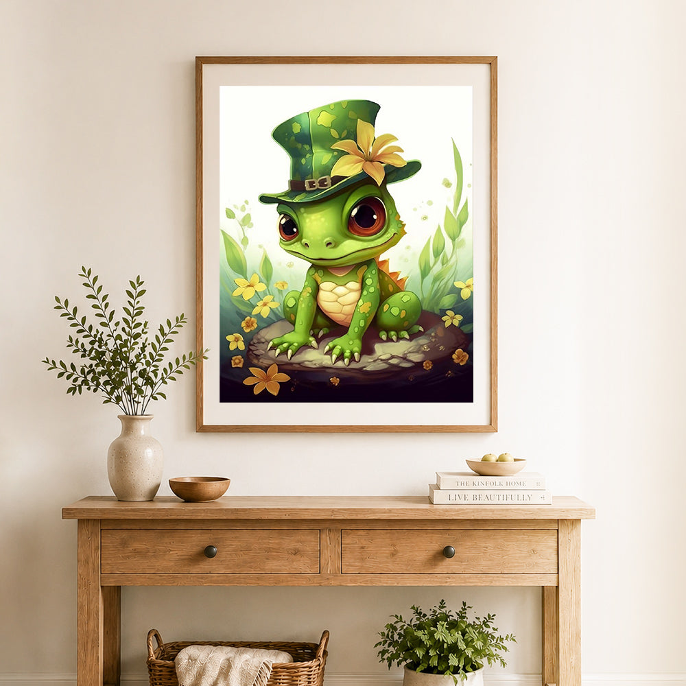 Finished gentle dino with top hat cross stitch artwork displayed as home decor