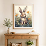 Finished gentle hare in daisy meadow cross stitch artwork displayed as home decor