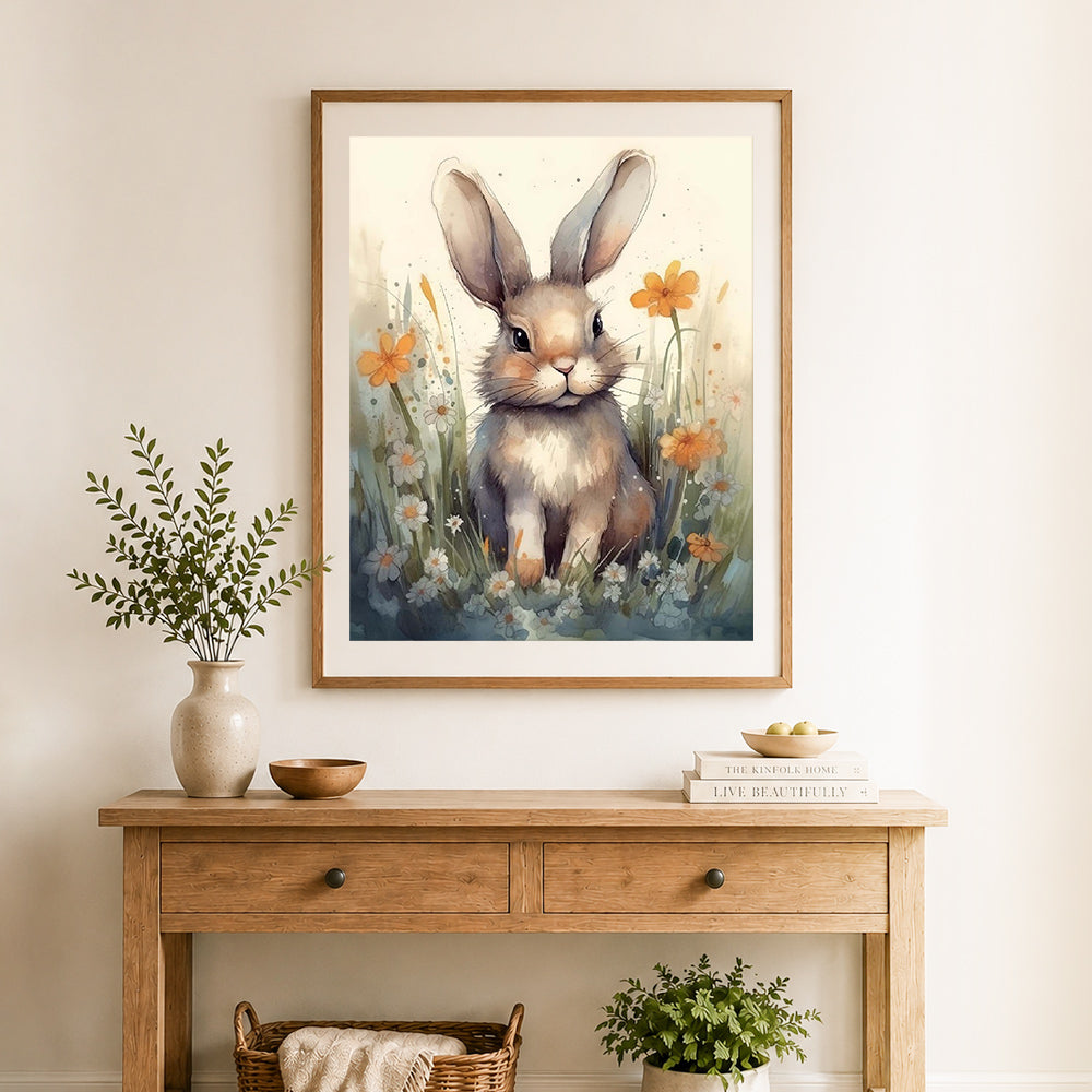 Finished gentle hare in daisy meadow cross stitch artwork displayed as home decor