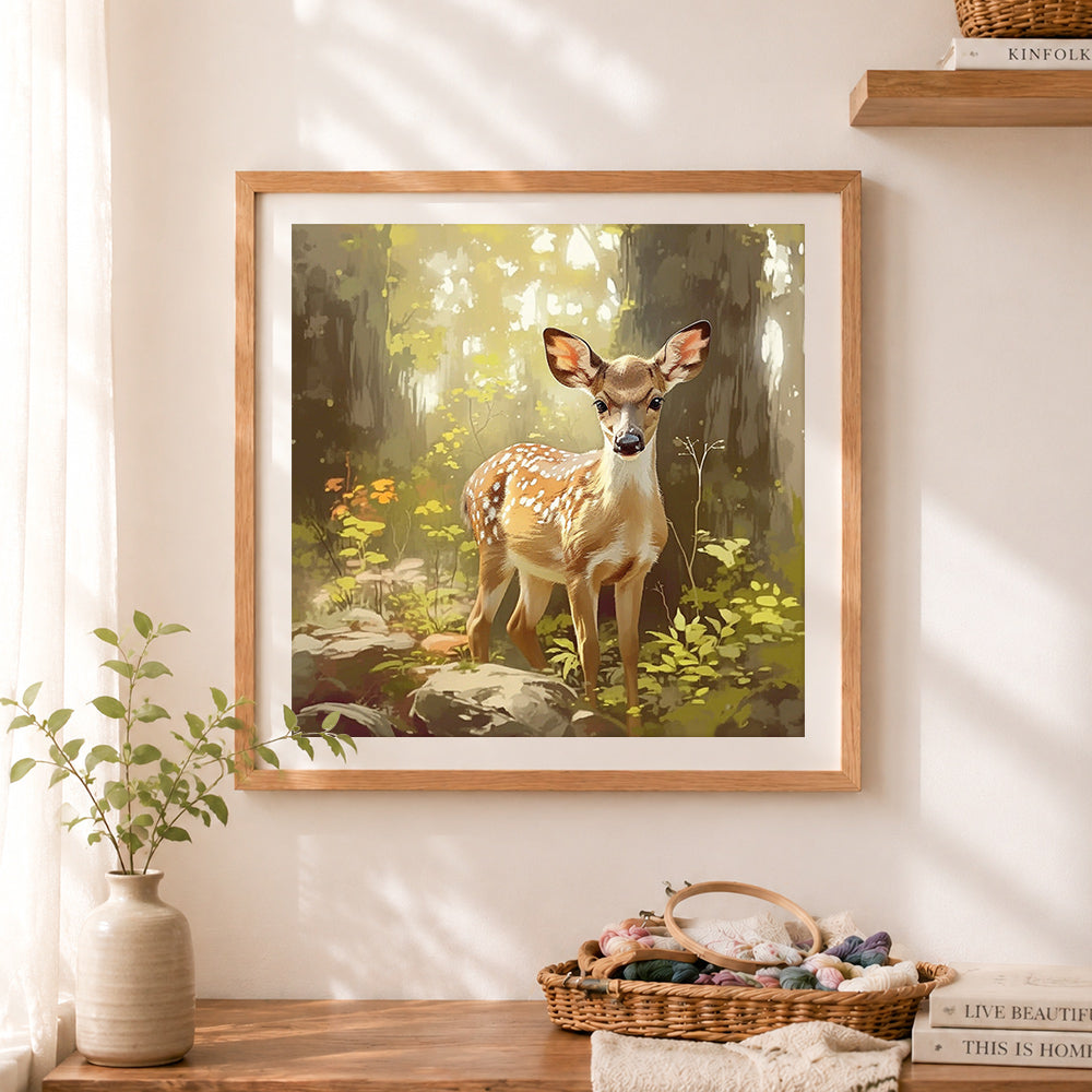 Finished gentle spotted fawn in sunlit forest cross stitch artwork displayed as home decor