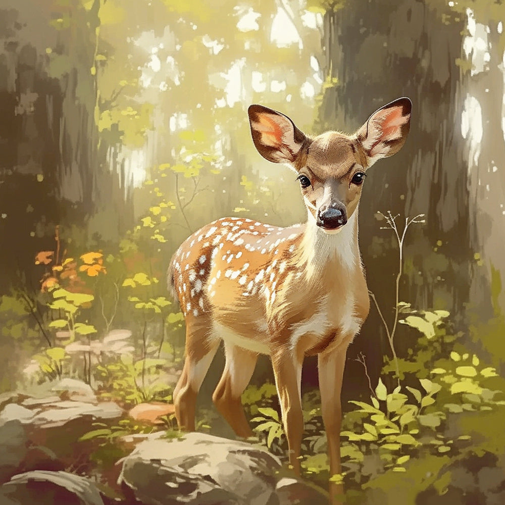 Gentle spotted fawn in sunlit forest cross stitch kit for beginners
