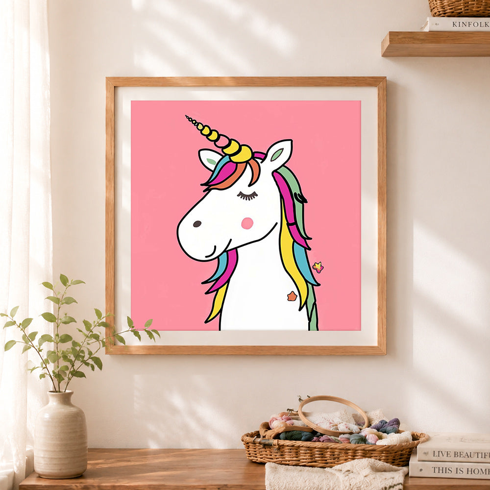Finished gentle unicorn portrait cross stitch artwork displayed as home decor