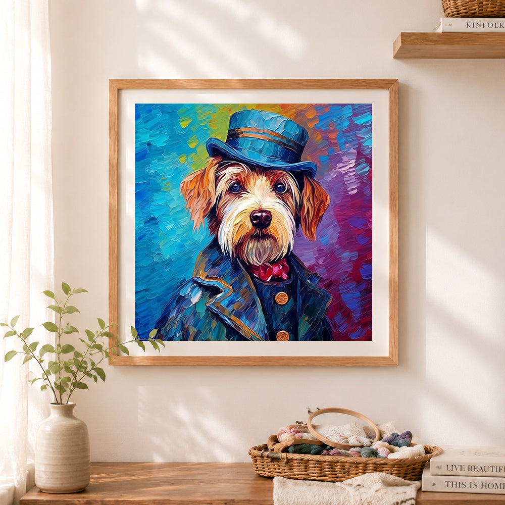 Finished gentleman dog in top hat cross stitch artwork displayed as home decor
