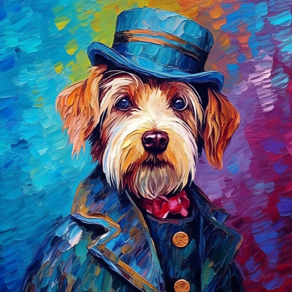 Gentleman dog in top hat cross stitch kit for beginners