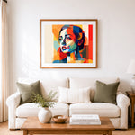 Finished geometric abstract portrait cross stitch artwork displayed as home decor
