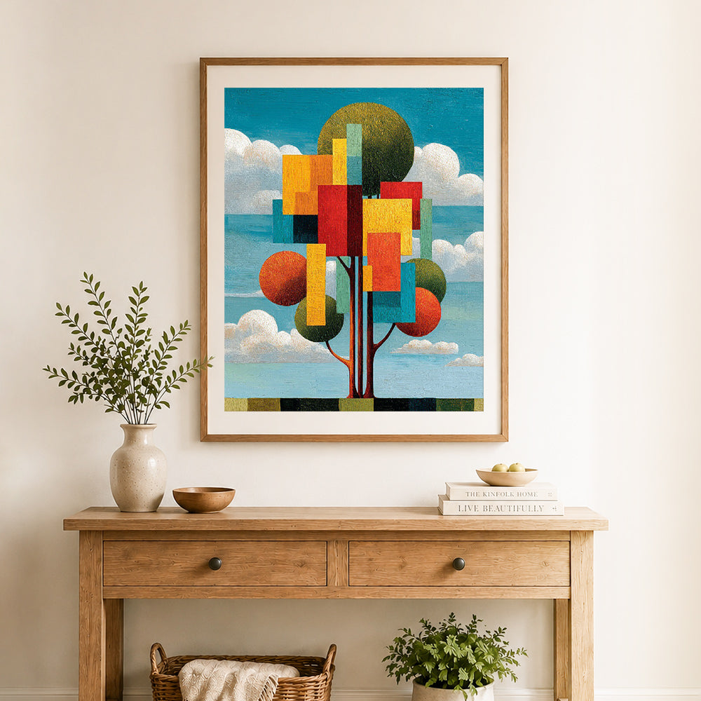 Finished geometric abstract tree cross stitch artwork displayed as home decor
