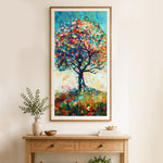 Finished geometric abstract tree in low poly style cross stitch artwork displayed as home decor
