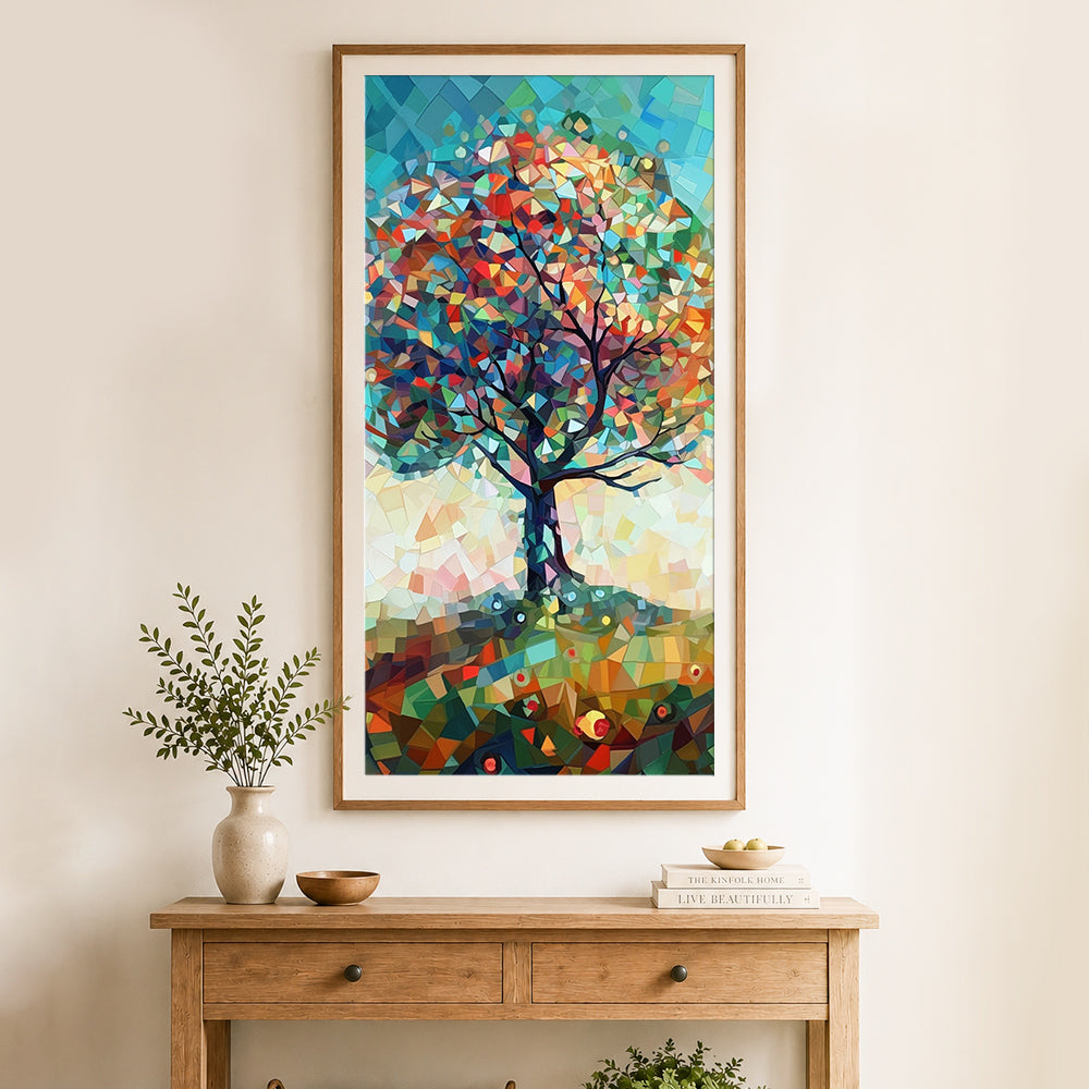 Finished geometric abstract tree in low poly style cross stitch artwork displayed as home decor