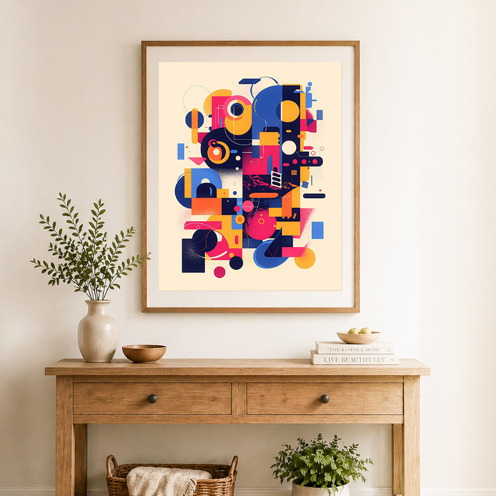 Finished geometric chaos cross stitch artwork displayed as home decor