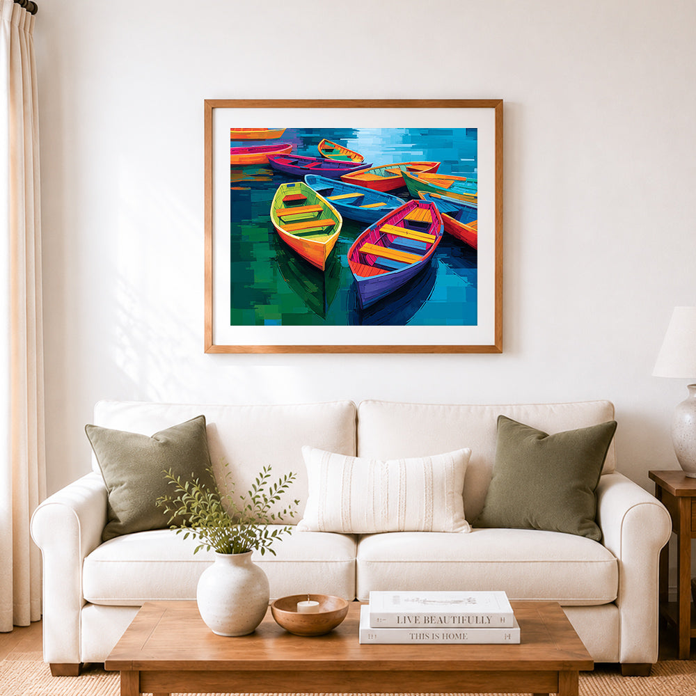 Finished geometric colorful rowboats on water cross stitch artwork displayed as home decor