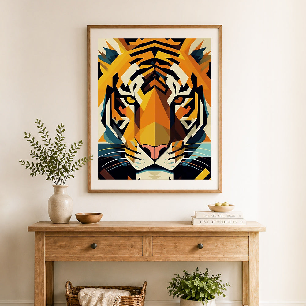Finished geometric cubist tiger cross stitch artwork displayed as home decor